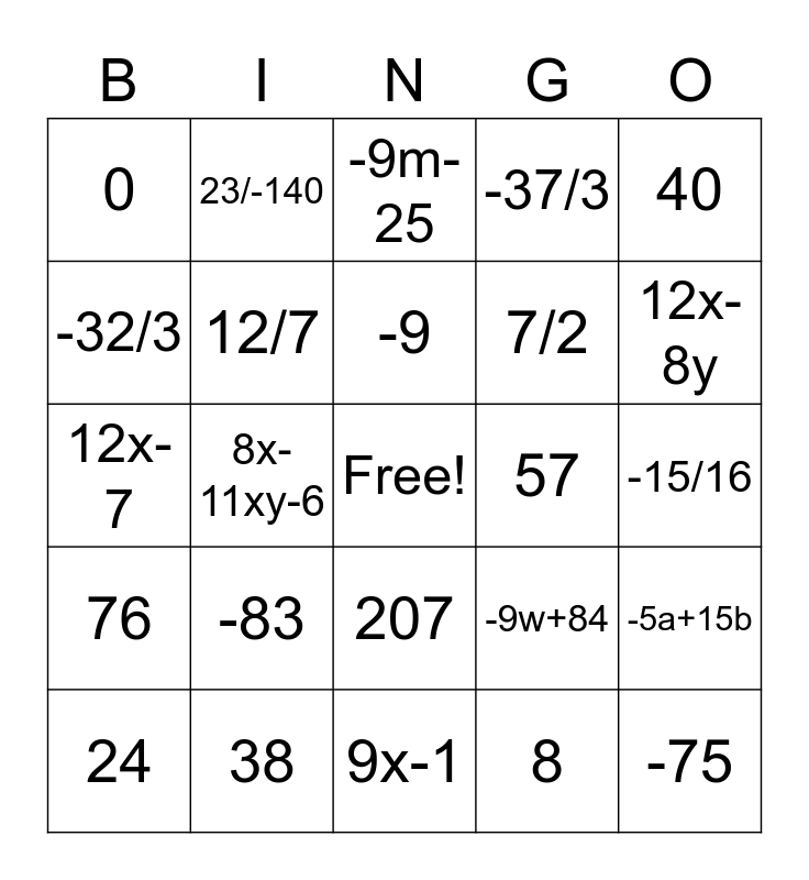 Order of Operation Bingo Card