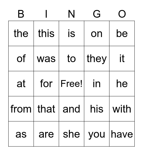First 100 (first column) Frye Words Bingo Card