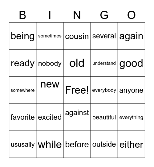 SNAP Words Bingo Card