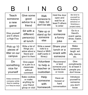 2023 MLK Acts of Kindness for MHS Bingo Card