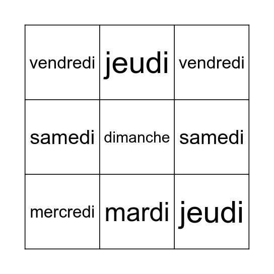 Loto des jours de la semaine Bingo Card