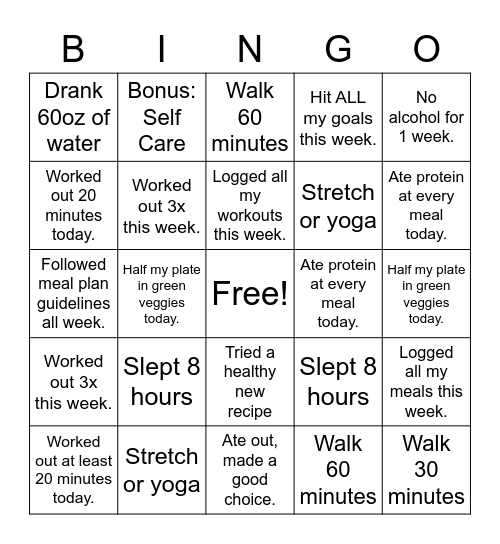 Fitness Bingo Card