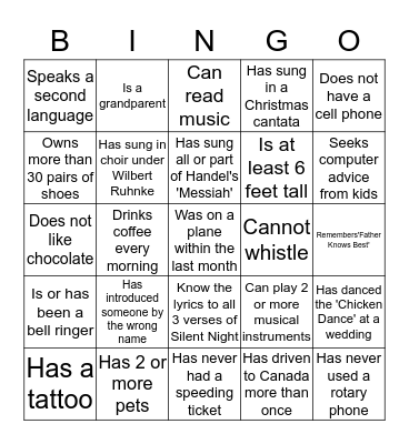 Choir Bingo Card