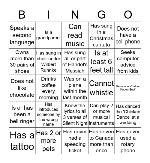Choir Bingo Card