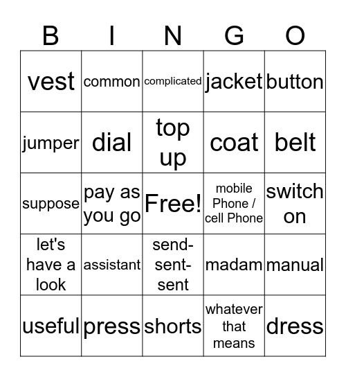 Vocabulary unit 3 Bingo Card