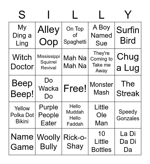 Silly Songs Bingo Card