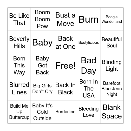 B Songs Bingo Card