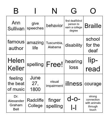 Helen Keller Bingo Card