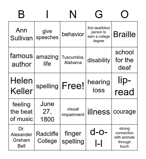 Helen Keller Bingo Card