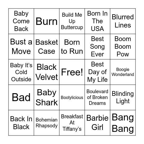 B Songs Bingo Card