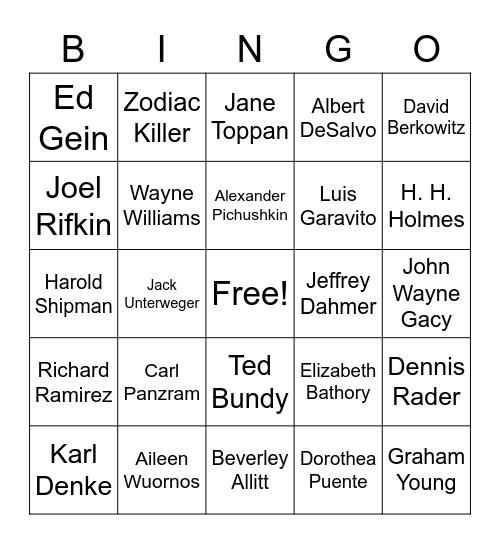 Serial Killer Bingo Card