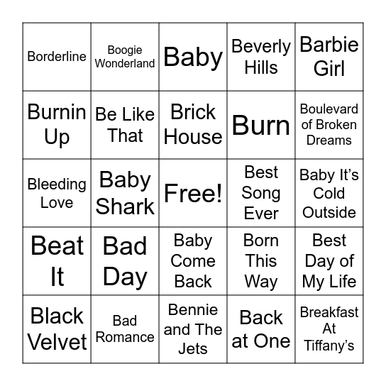 B Songs Bingo Card