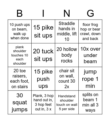 Conditioning Bingo - 2 bingos, 4 corners Bingo Card
