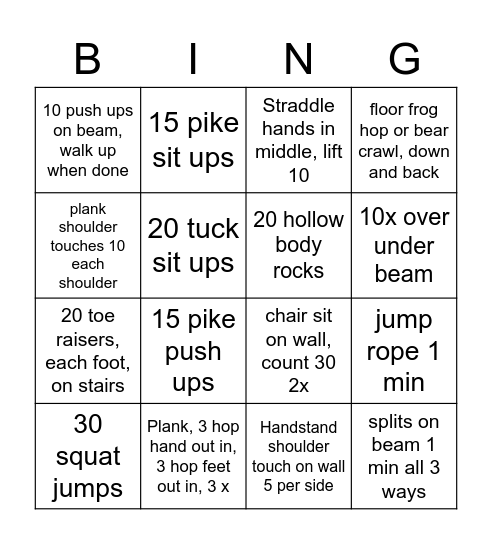 Conditioning Bingo - 2 bingos, 4 corners Bingo Card