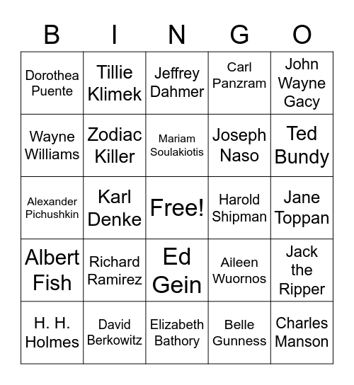 Serial Killer Bingo Card