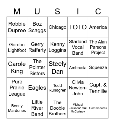 Yacht Rock Bingo Card