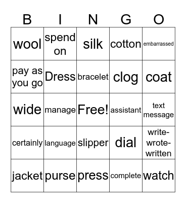 Vocabulary Unit 3 Bingo Card