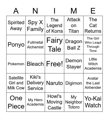 Anime Bingo Card