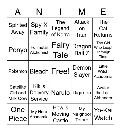 Anime Bingo Card