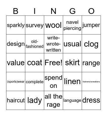 Vocabulary unit 3 Bingo Card