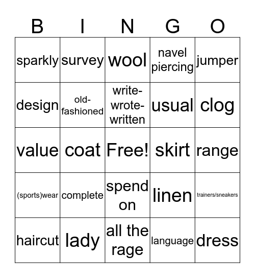 Vocabulary unit 3 Bingo Card