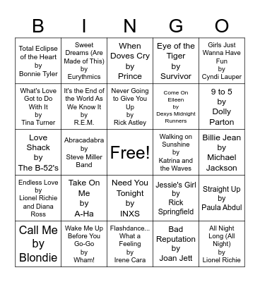 80s Music Bingo Card