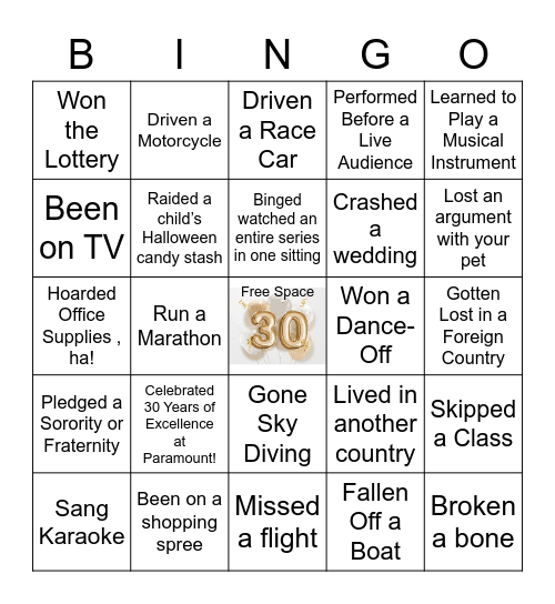 Never Have I Ever Bingo Card
