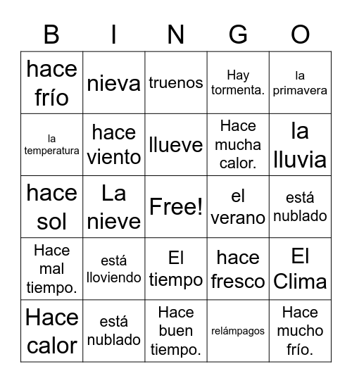 The Weather in Spanish Bingo Card