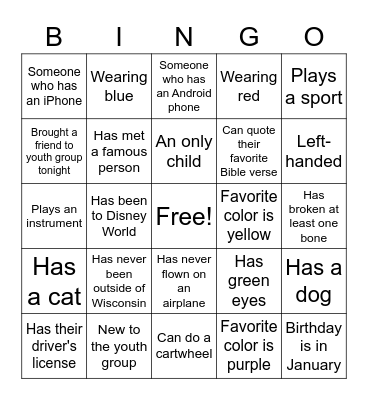 Youth Group Bingo Card