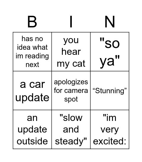 Booktube Bestie Bingo Card