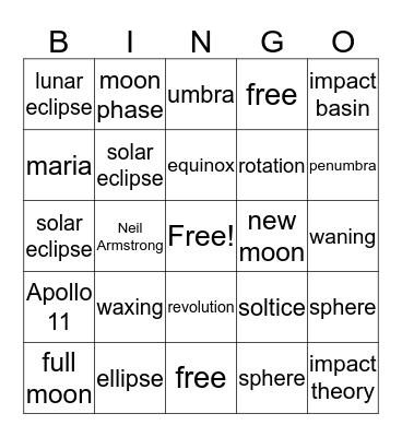 Sun-Earth-Moon Bingo Card
