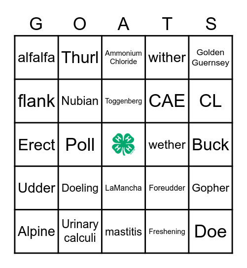 4H Dairy Goat Bingo Card