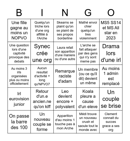 Arche 2023 Bingo Card