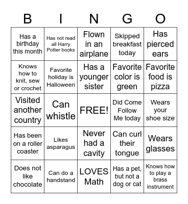Young Women Bingo Card