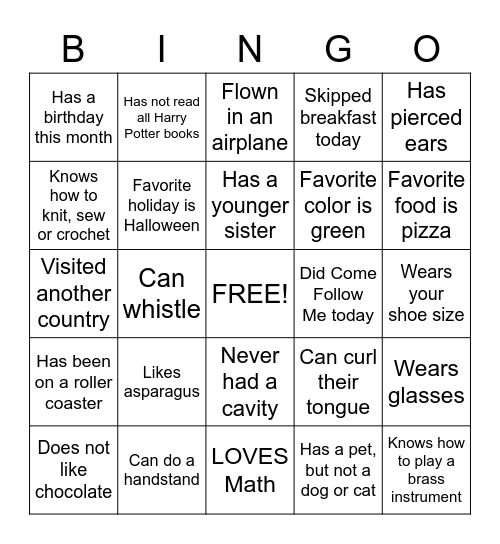 Young Women Bingo Card