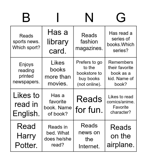 RV3 Reading Bingo Card