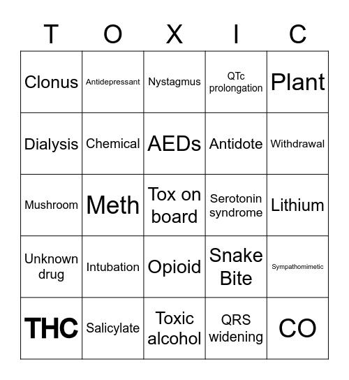 Toxicology Rotation Bingo Card