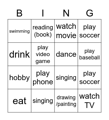 activities Bingo Card