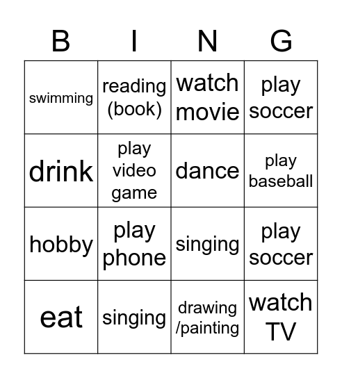 activities Bingo Card