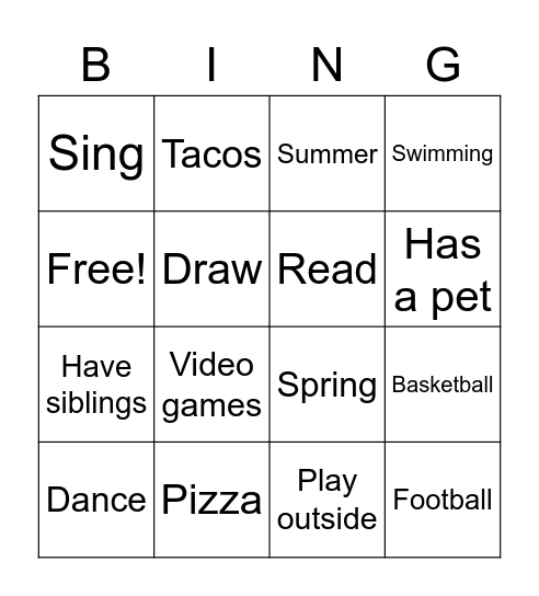 Get to Know Me Bingo Card