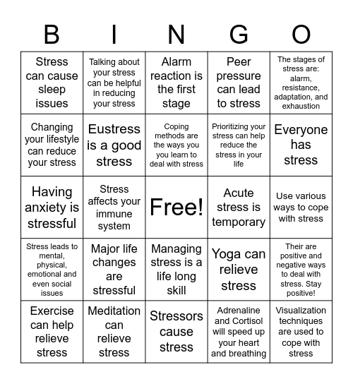 Stress/Relief  Bingo Card