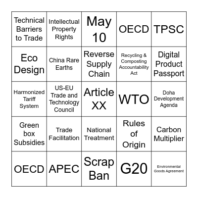 Trade and Environment Boot Camp Bingo Card