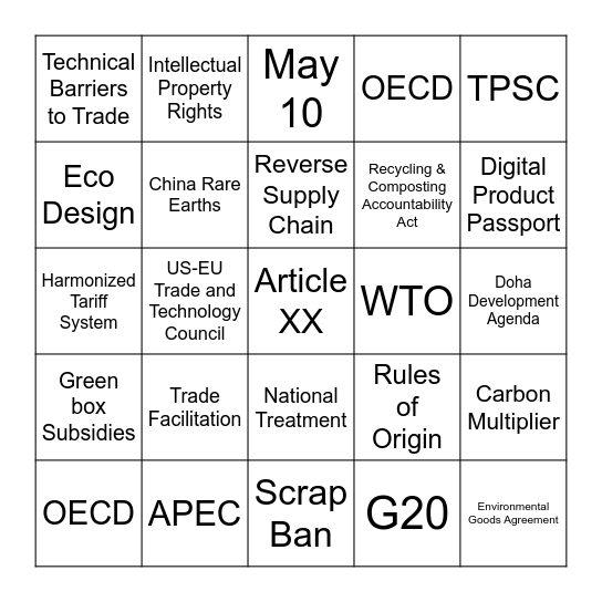 Trade and Environment Boot Camp Bingo Card