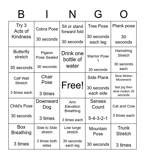 Mindfulness Bingo Card