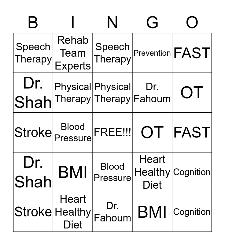 Stroke Prevention Expo BINGO Card