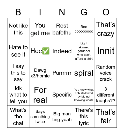 Things Mo says/texts Bingo Card