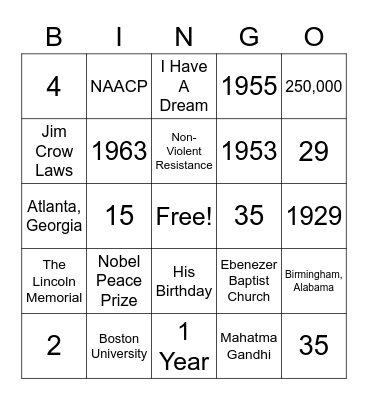 Martin Luther King Jr. Rap Bingo Card