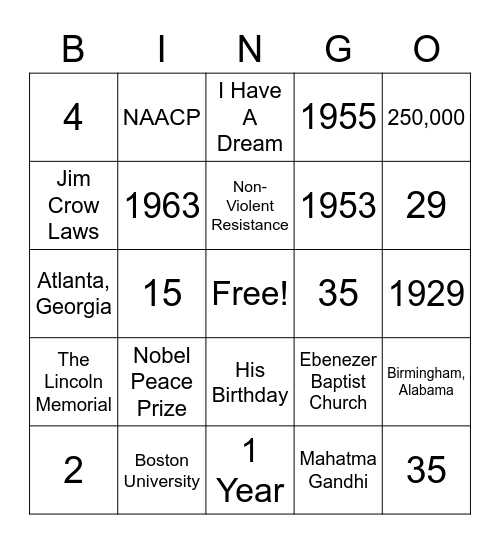 Martin Luther King Jr. Rap Bingo Card