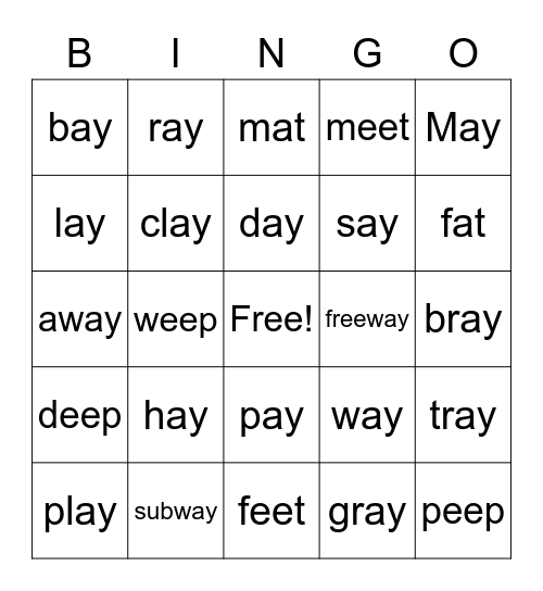 Word family Bingo Card