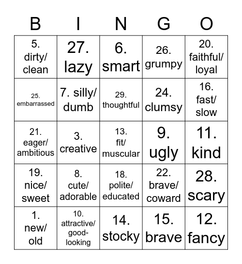Adjectives (pros and cons) Bingo Card